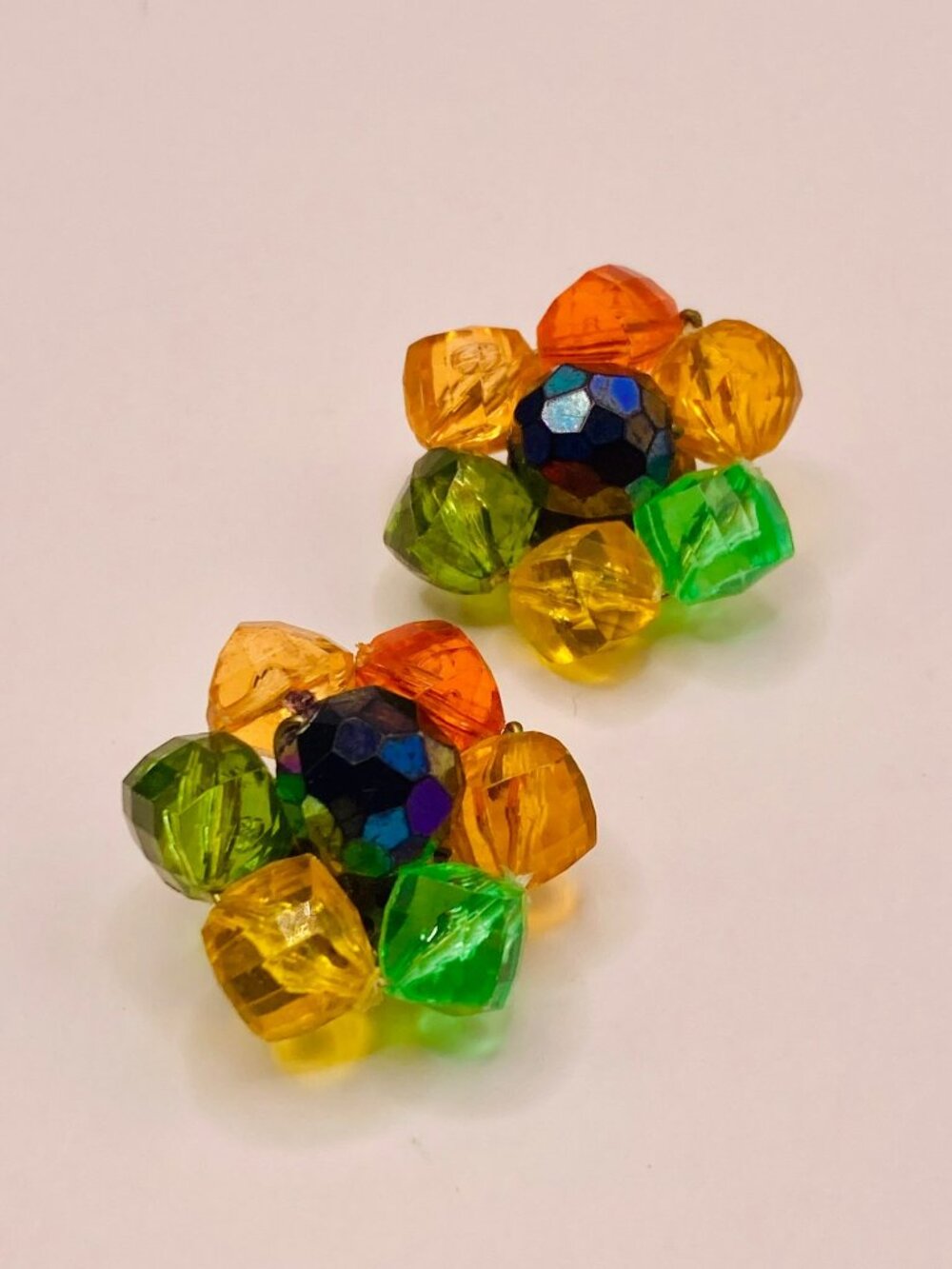 Vintage W. Germany Cluster Beaded Clip-On Earrings Orange Green Yellow -77B